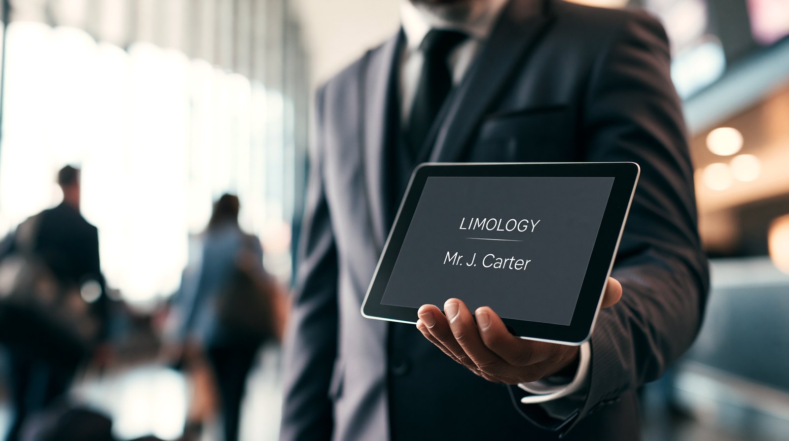 Chauffeur holding a personalized Limology arrival display